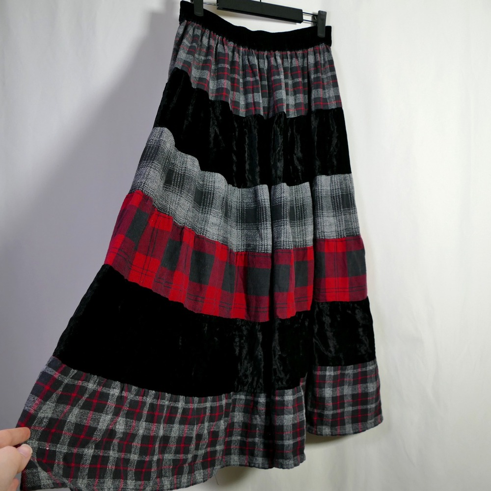 VTG St Johns Bay Boho Whimsigoth Patchwork Maxi Skirt Size L Velvet Plaid Grunge